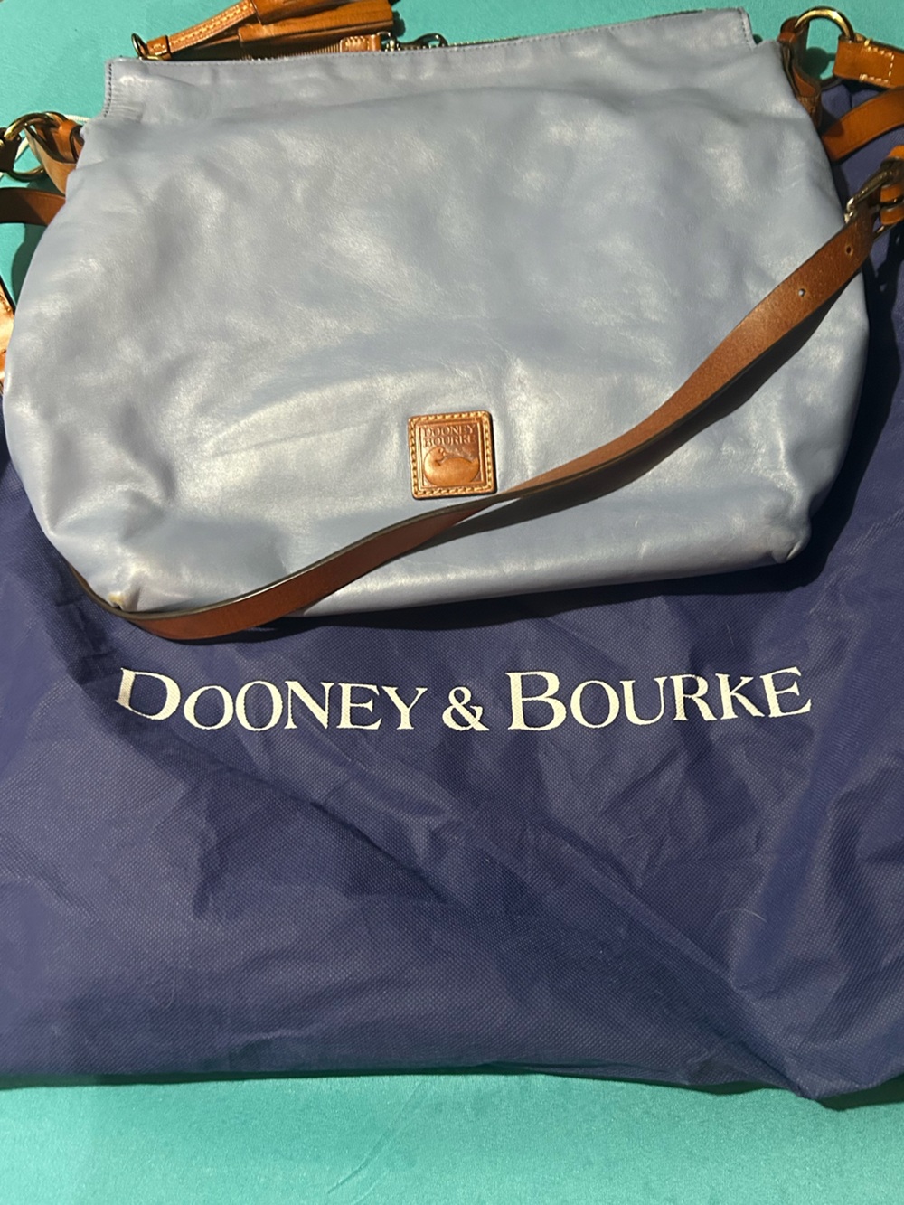 Dooney & Bourke Light Blue Leather Crossbody with Tan Trim